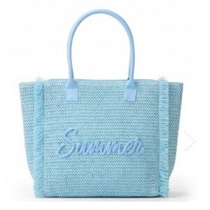 Blue Woven Straw Fringe Tote with Summer Embroidery & Gold Lurex Detail